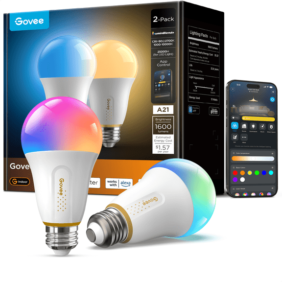 Govee Smart LED Bulb E26 A21 - 1600 Lumen, RGBWW, App Support - 2 Pack
