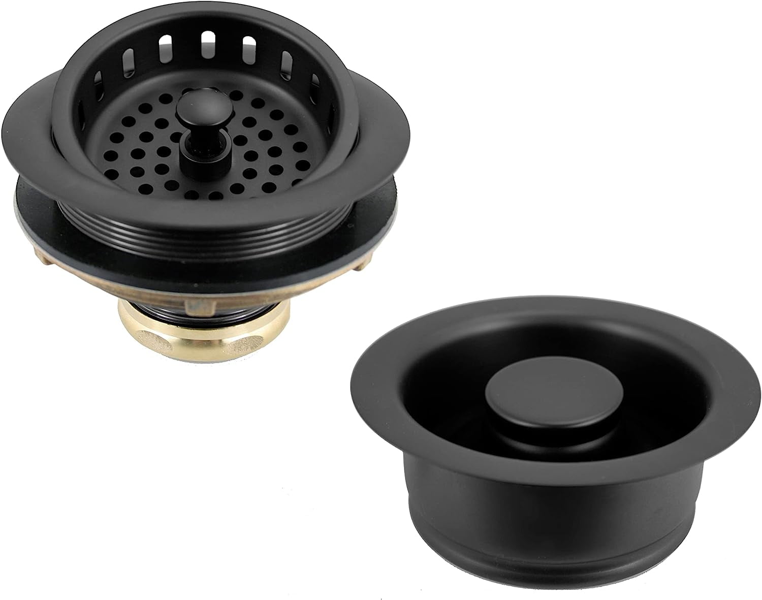 A2165-62 4-1/4" OD Post Style Large Kitchen Basket Strainer with Waste Disposal Flange and Stopper Drain Set, Matte Black