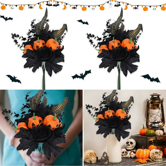 HOARBOEG Halloween Black Rose Bouquet Decor, Plastic Fake Flowers for Centerpieces, Spooky Party Decorations, Pumpkin Arrangement, Home & Table Decor, 25.9in