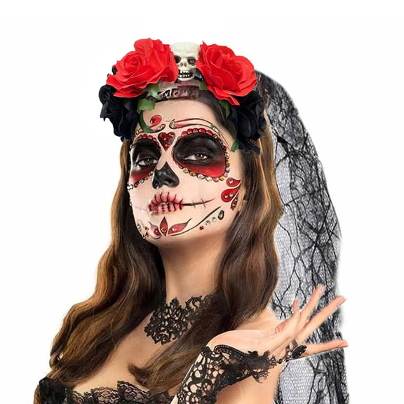 HOARBOEG Halloween Headbands for Women, Spooky Floral Skull Ghost Hair Accessories, Gothic Veil Rose Headpiece for Costume Party, Holiday Decoration