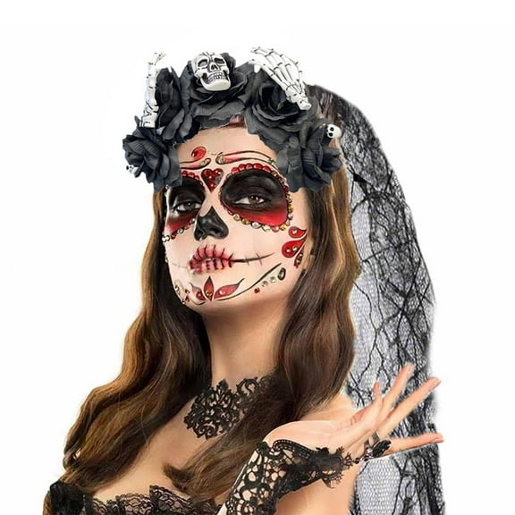 HOARBOEG Halloween Headbands for Women, Spooky Floral Skull Ghost Hair Accessories, Gothic Veil Rose Headpiece for Costume Party, Holiday Decoration