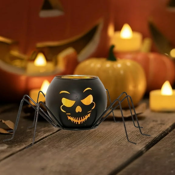 HOARBOEG Halloween Candlestick Holder, Black Iron & Glass Pumpkin Candle Holder for Table Decor, Party Centerpiece, Spooky Home Decor - Fits Pillar & LED Candles