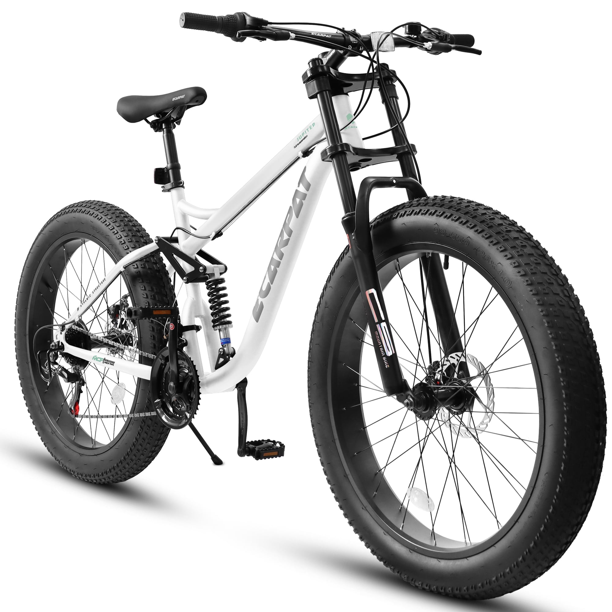 26 inch Mountain Bike with 26 4 Fat tire Bike for Men or Women Full Suspension 21 Speeds Drivetrain with Disc Brake MTB Bicycle White