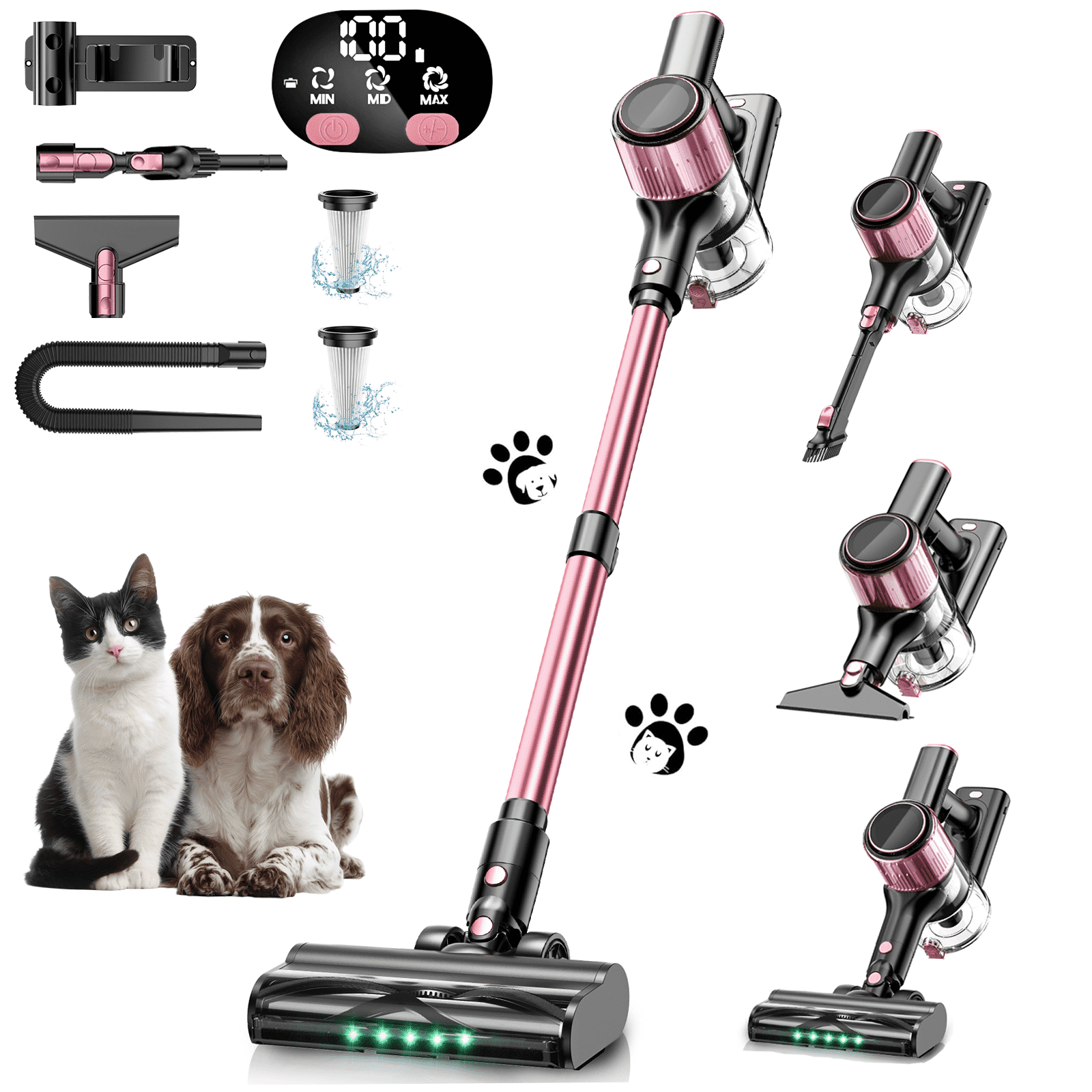 A27 Cordless Vacuum Cleaner, Stick Vacuum with Powerful Suction, Hose, Green LED Light, Anti-Tangle Brush, Lightweight Rechargeable Vacuum Cleaner for Home, Hardwood Floors, Carpets,Pink