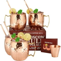 A29 Moscow Mule 4 Handcrafted Copper Mugs & 4 Copper Straws & Shot Glass