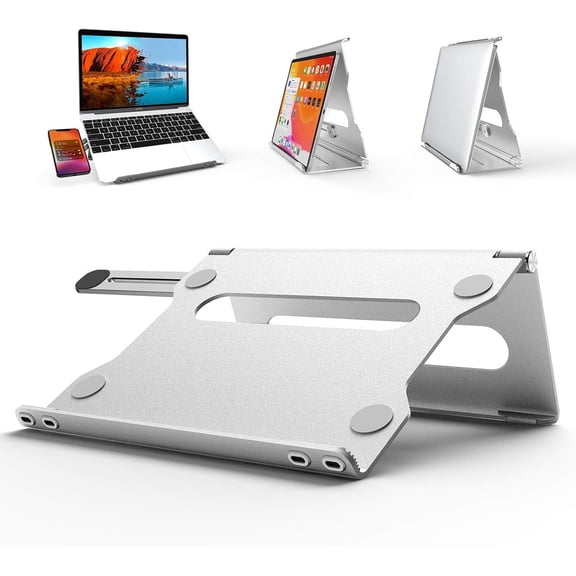 A2C Laptop Stand for Desk, 3 in 1 Aluminum Adjustable Laptop Holder for 10-17" Mac / HP / Dell / Samsung, Silver
