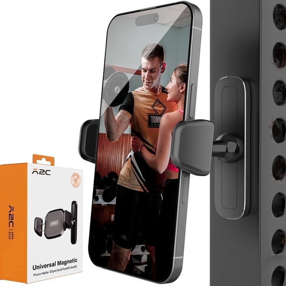 A2C Magnetic Phone Holder, 360° Rotating Durable Alloy Base Gym Phone Mount, Universal for 4.7-6.9" Smartphones, Black