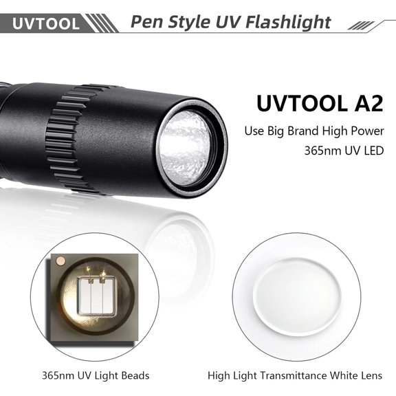 A2D Pen Blacklight 365nm UV Flashlight with Pen High Power Output, Pure Beam for UV Glue Curing Light, Rock and Mineral Fluorescent Glowing, Pet Urine Detector Light, AC Leak Detector