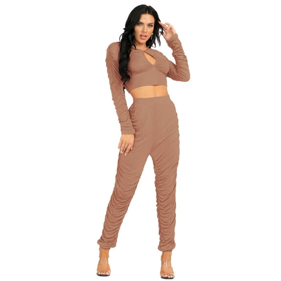 A2Y Women's 2 Pieces Long Sleeve Crop Top and Stacked Detail Jogger Pant Set Mocha L