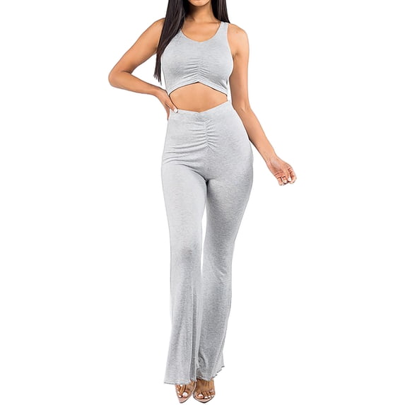 A2Y Women's 2 Pieces Sleeveless Crop Top and Flare Pants Sets Heather Grey S