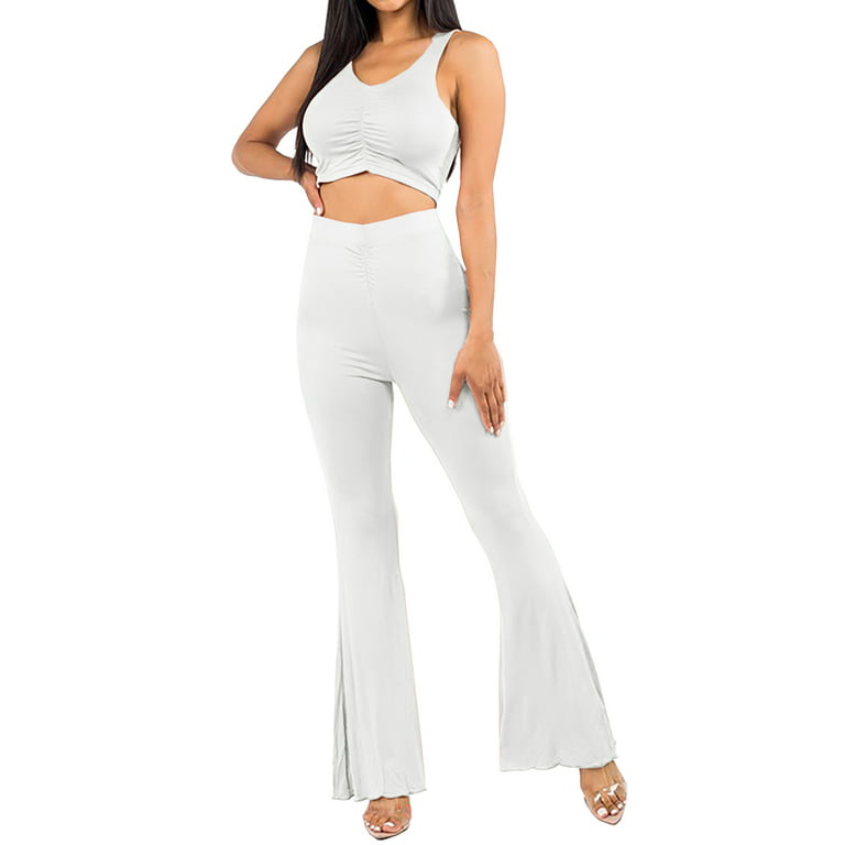 A2Y Women's 2 Pieces Sleeveless Crop Top and Flare Pants Sets White L 