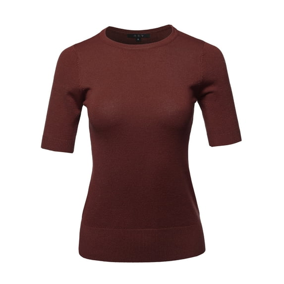 A2Y Women's Basic Casual Colorful 1/2 Sleeve Knit Pullover Sweator Top Burgundy S
