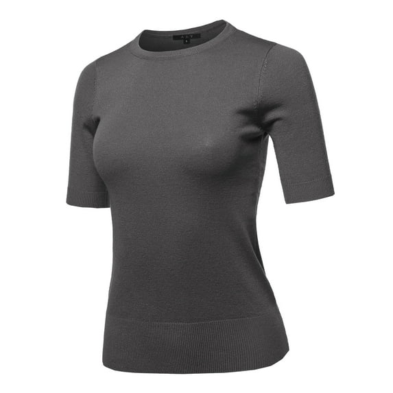 A2Y Women's Basic Casual Colorful 1/2 Sleeve Knit Pullover Sweator Top Charcoal S