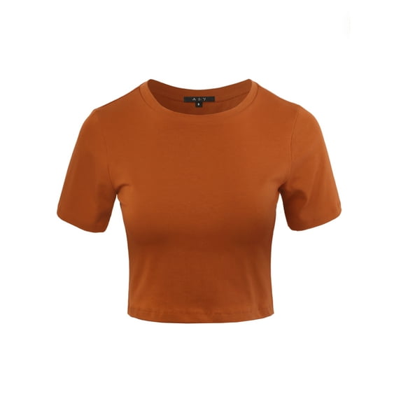 A2Y Women's Basic Casual Crew Neck Short Sleeve Crop Tops T Shirts Almond L