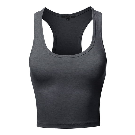 A2Y Women's Basic Cotton Casual Scoop Neck Cropped Racerback Tank Tops Charcoal M