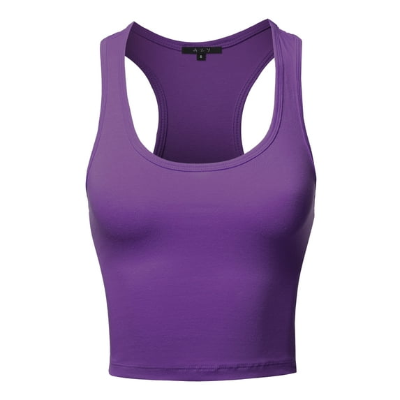 A2Y Women's Basic Cotton Casual Scoop Neck Cropped Racerback Tank Tops Purple XS