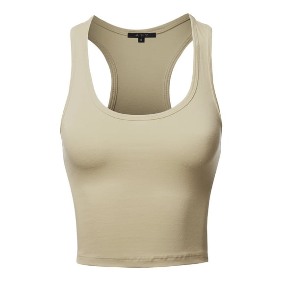 A2Y Women's Basic Cotton Casual Scoop Neck Cropped Racerback Tank Tops Taupe S