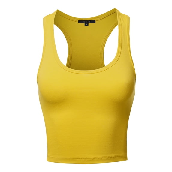 A2Y Women's Basic Cotton Casual Scoop Neck Cropped Racerback Tank Tops Yellow XL
