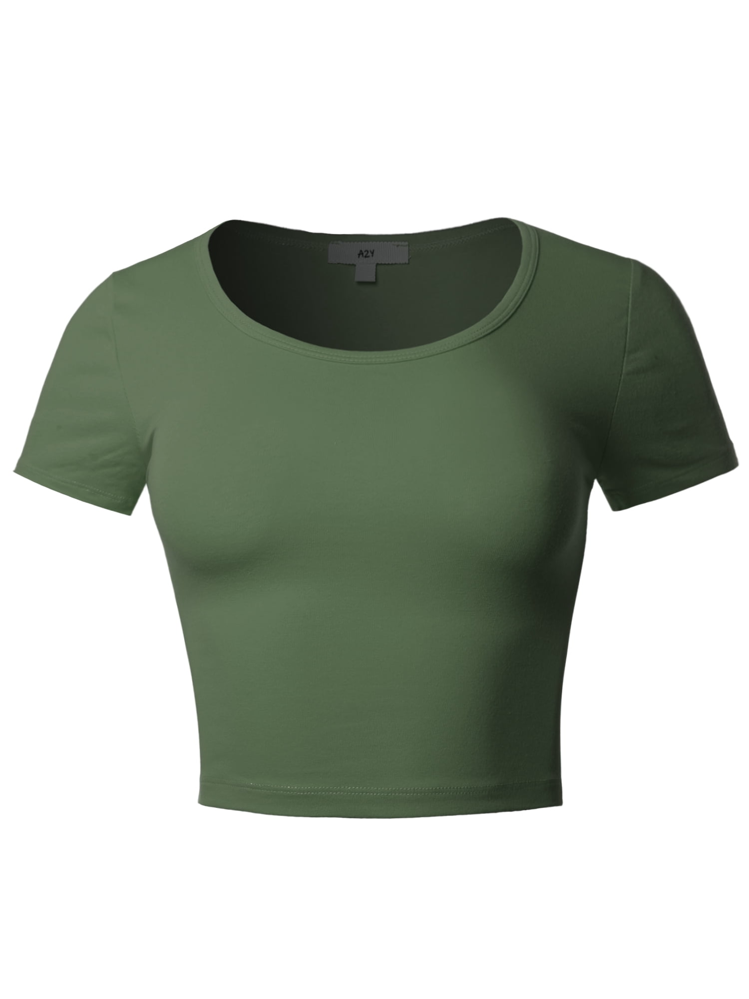Women's Cotton Scoop Neck Crop Top - Basic Short Sleeve Shirt In Army Green, Size Small