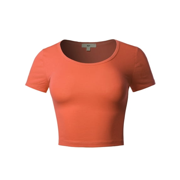 A2Y Women's Basic Cute Scoop Neck Cotton Short Sleeve Crop Top Ash Copper M