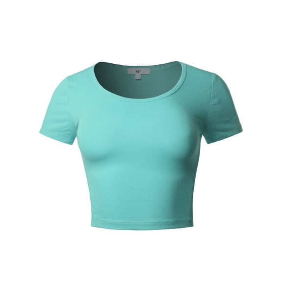 A2Y Women's Basic Cute Scoop Neck Cotton Short Sleeve Crop Top Ash Mint L