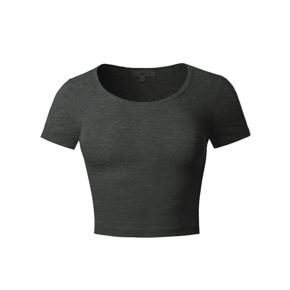A2Y Women's Basic Cute Scoop Neck Cotton Short Sleeve Crop Top Charcoal L