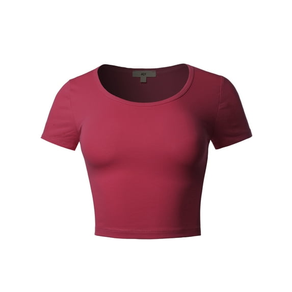 A2Y Women's Basic Cute Scoop Neck Cotton Short Sleeve Crop Top Wine S