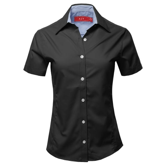 A2Y Women's Basic Durable Short Sleeve Button Down Business Office Formal Ladies Shirt Black 2XL