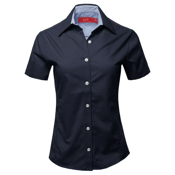 A2Y Women's Basic Durable Short Sleeve Button Down Business Office Formal Ladies Shirt Navy M