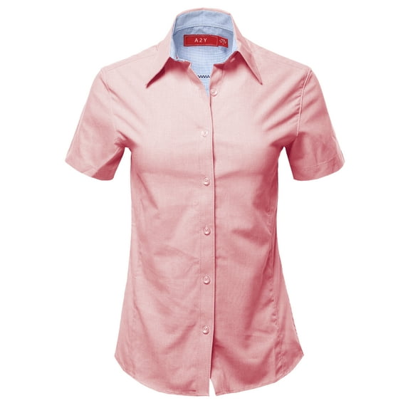 A2Y Women's Basic Durable Short Sleeve Button Down Business Office Formal Ladies Shirt Pink Oxford M