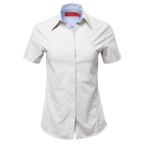 A2Y Women's Basic Durable Short Sleeve Button Down Business Office Formal Ladies Shirt White Oxford 2XL