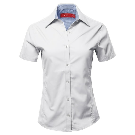 A2Y Women's Basic Durable Short Sleeve Button Down Business Office Formal Ladies Shirt White S