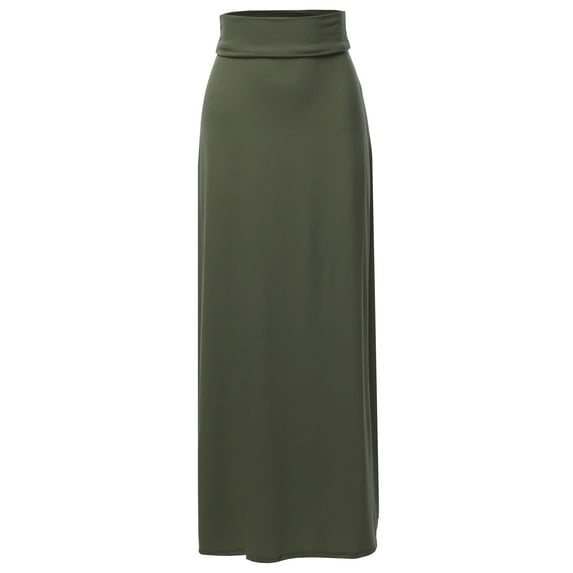 A2Y Women's Basic Foldable High Waist Floor Length Maxi Skirts Dark Olive 2XL