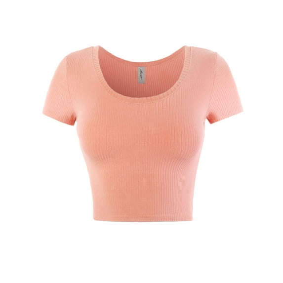A2Y Women's Basic Ribbed Short Sleeve Rayon Crew Neck Fitted Crop Top Tee Ballet Pink L