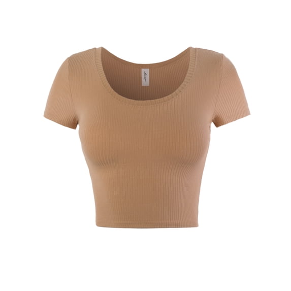 A2Y Women's Basic Ribbed Short Sleeve Rayon Crew Neck Fitted Crop Top Tee Mocha Latte L