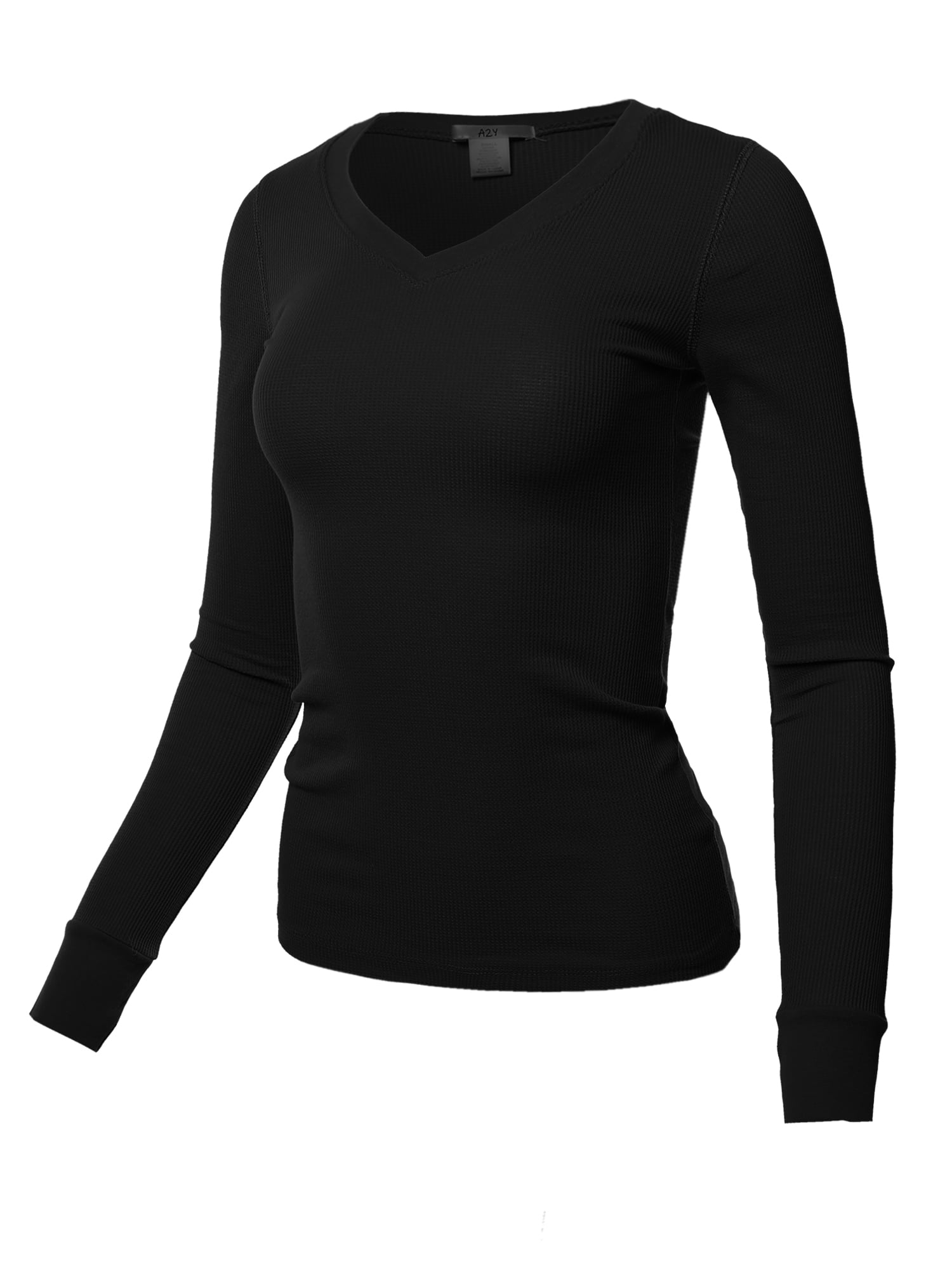 A2y Womens Basic Solid Fitted Long Sleeve V Neck Thermal Top Shirt Black 1xl 