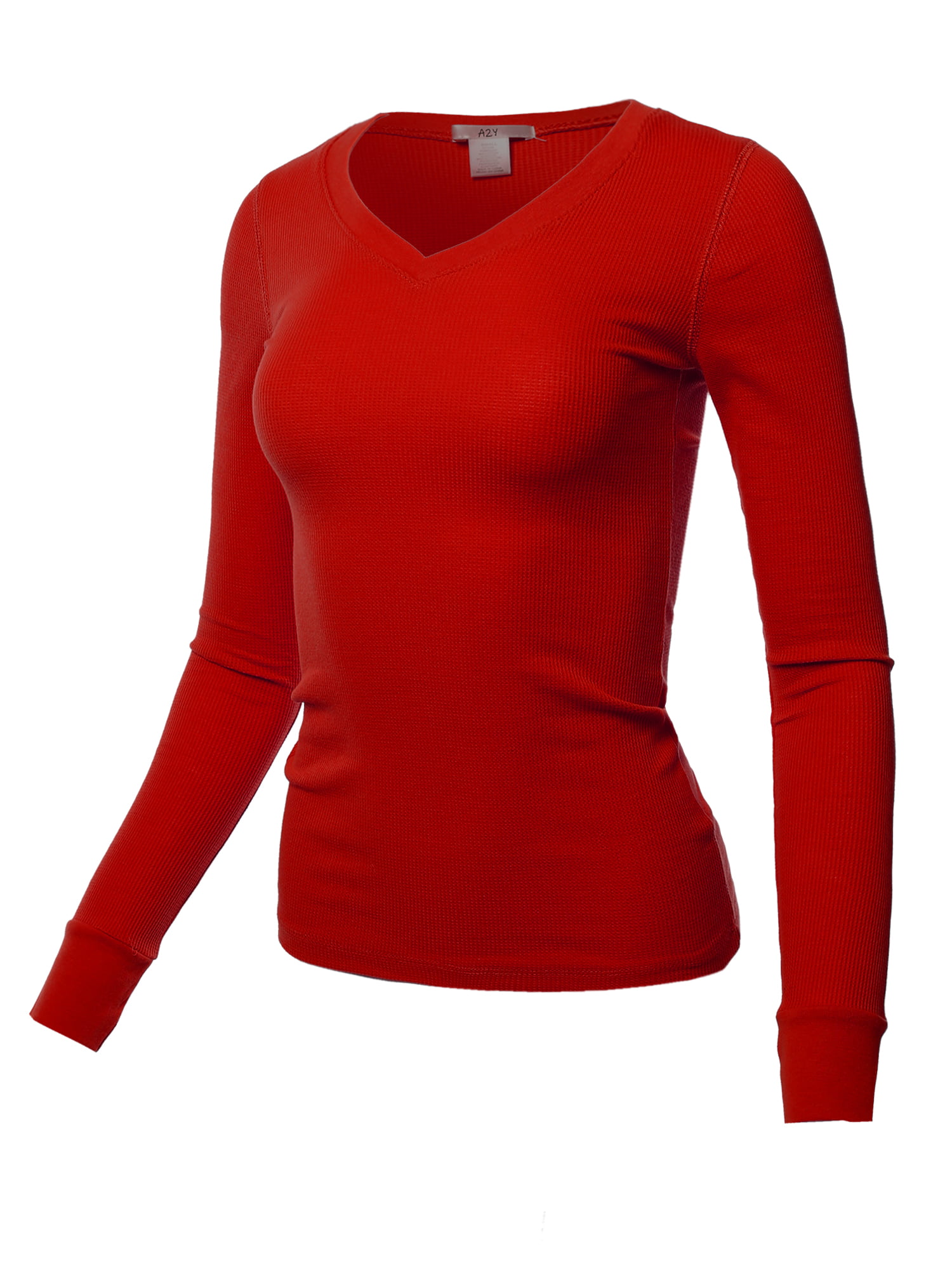 Women\'s A2Y Top Fitted Red Shirt Sleeve Thermal 3XL V-Neck Scarlet Solid Basic Long