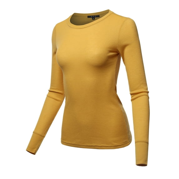 A2Y Women's Basic Solid Long Sleeve Crew Neck Fitted Thermal Top Shirt Mustard S