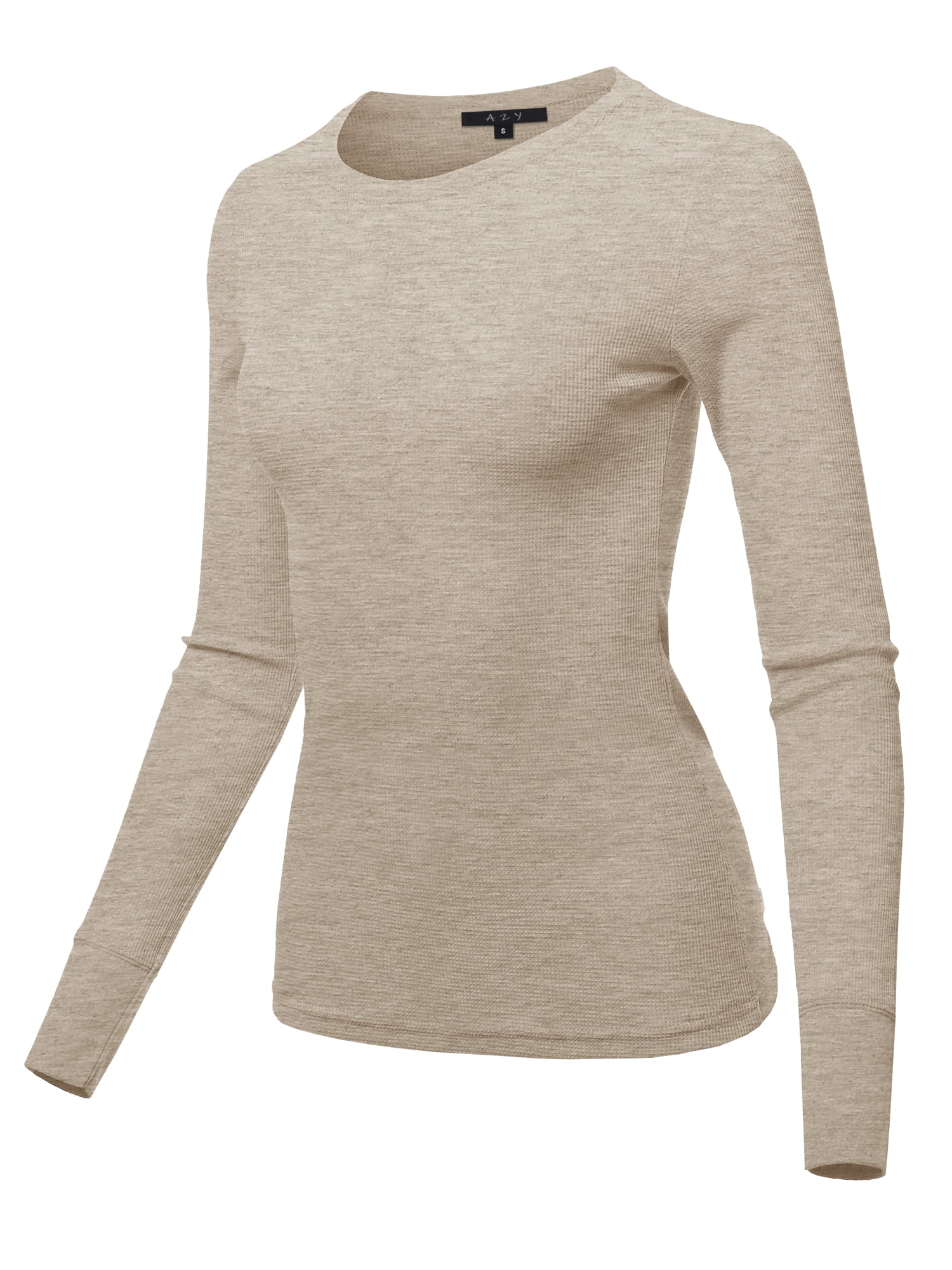 A2Y Women's Basic Solid Long Sleeve Crew Neck Fitted Thermal Top Shirt Oatmeal M