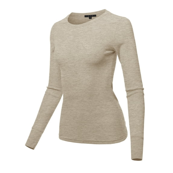 A2Y Women's Basic Solid Long Sleeve Crew Neck Fitted Thermal Top Shirt Oatmeal M