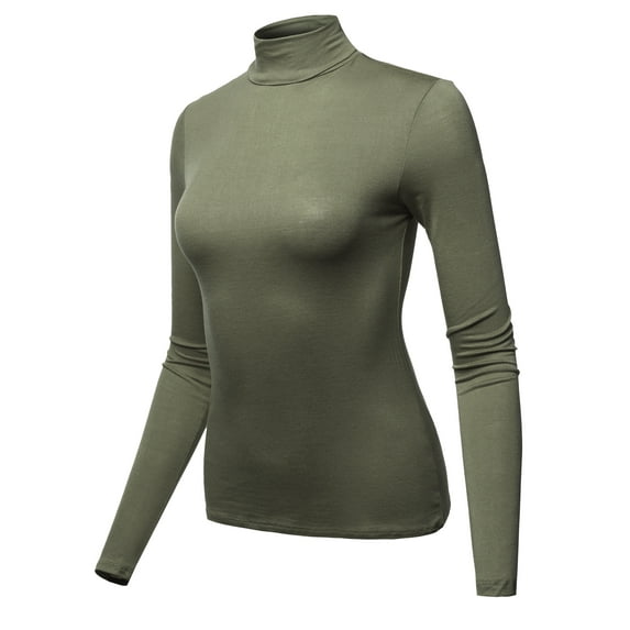 A2Y Women's Basic Solid Long Sleeve Turtle Neck Fitted Rayon Top Shirt Forest Olive L