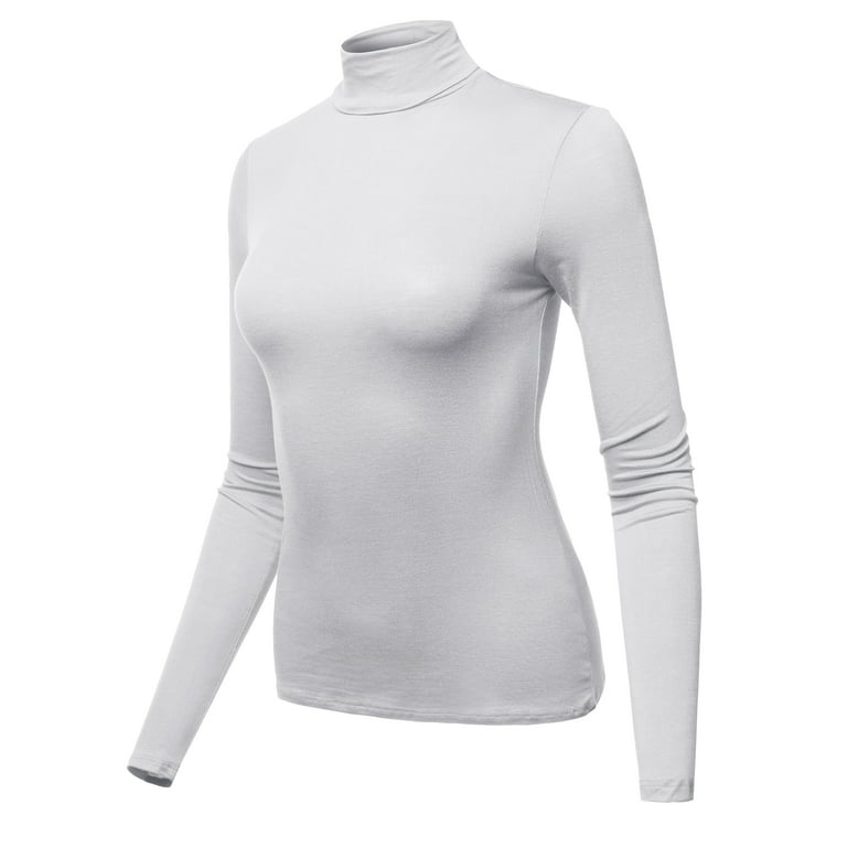A2Y Women's Basic Solid Long Sleeve Turtle Neck Fitted Rayon Top Shirt Off  White L 