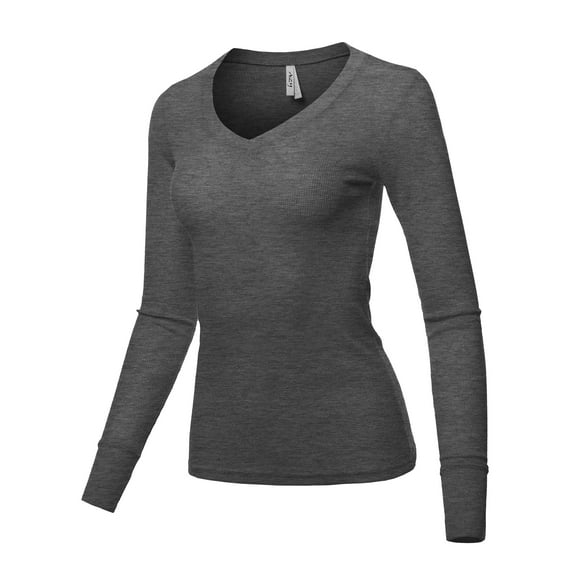 A2Y Women's Basic Solid Long Sleeve V Neck Fitted Thermal Top Shirt Charcoal M