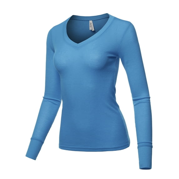 A2Y Women's Basic Solid Long Sleeve V Neck Fitted Thermal Top Shirt Denim Blue XL