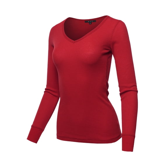 A2Y Women's Basic Solid Long Sleeve V Neck Fitted Thermal Top Shirt Red S