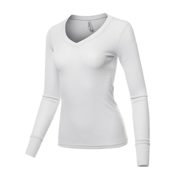A2Y Women's Basic Solid Long Sleeve V Neck Fitted Thermal Top Shirt White XL