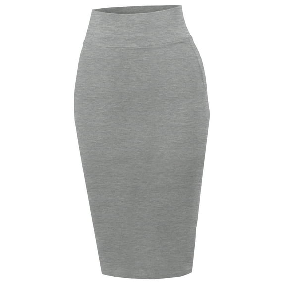 A2Y Women's Basic Solid Ponte Knee Length Slit Techno Span High Waist Pencil Skirt Heather Grey M