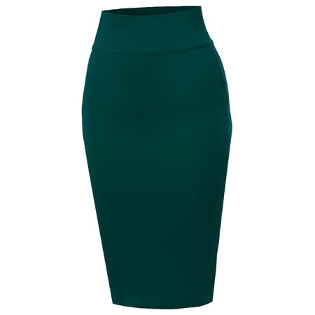 A2Y Women's Basic Solid Ponte Knee Length Slit Techno Span High Waist Pencil Skirt Huntergreen L