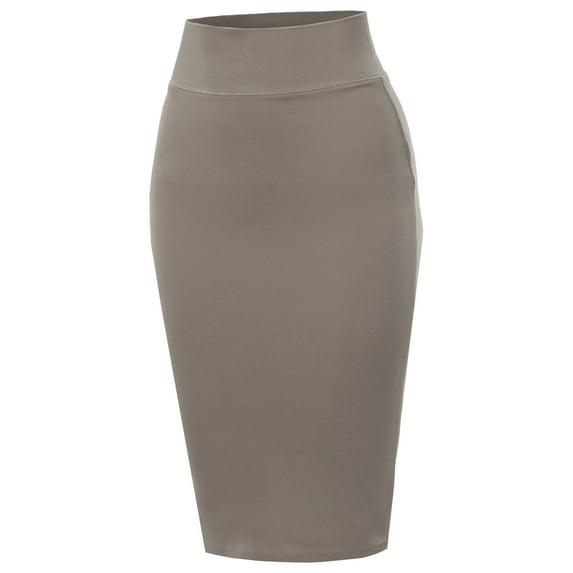 A2Y Women's Basic Solid Ponte Knee Length Slit Techno Span High Waist Pencil Skirt Mocha 3XL