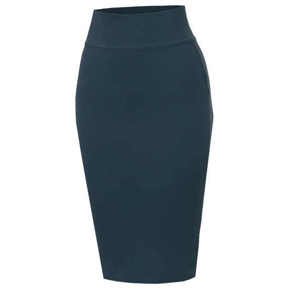 A2Y Women's Basic Solid Ponte Knee Length Slit Techno Span High Waist Pencil Skirt Navy 3XL